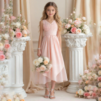 Folded Girl Bridesmaids Wedding Ball Dress Formal Pageant Party Evening Prom Gown Girls Bow Birthday Graduation Princess Dresses