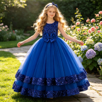 Elegant Sequin Party Girls Dress Summer Bow Bridesmaids Wedding Princess Prom Dress for Girl Birthday Evening Christmas Costumes