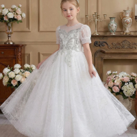 Tween Girl Sequin Embroidered Evening Gown with Round Neckline, Pearl Decorations, Sequined Net Fabric, Daily Outings,Gatherings