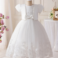 Children's Wedding White Dress Suit Shaggy Long Evening Gown with Short-sleeved Summer Design
