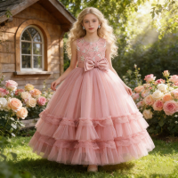 Summer Flower Bridesmaid Girls Dress Elegant Wedding Princess Party Kids Dresses For Girl Gala Bow Birthday Evening Prom Costume