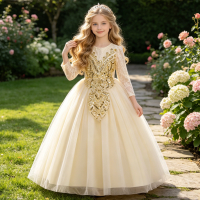 Elegant Sequin Party Wedding Girls Dress Long Sleeve Tulle Princess Birthday Prom Dresses Girl Gala Bridesmaids Evening Costumes