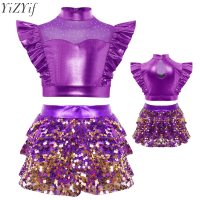 Kids Girls Latin Jazz Dance Sets Ballerina Performance Costume Rhinestone Ruffle Crop Top with Sequins Tiered Ruffled Culottes