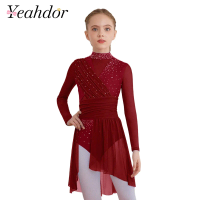 Kids Girls Lyrical Dance Costume Dress Long Sleeve Split Sheer Mesh Ballet Dress Child Glittery Rhinestones Figure Skating Dress