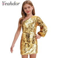 Kids Girls Sparkling Sequins Dress Music Festival Costume Above Knee Dresses for Birthday Pageant Wedding Evening Party Dress