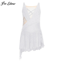 Girls Figure Skating Leotard Dress Shiny Rhinestones Sheer Mesh Dancewear Lyrical Dance Ballet Gymnastics Acrobatics Costume