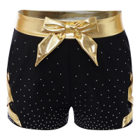 Kids Girls Gymnastics Sports Dance Shorts Bottoms Metallic Bow Elastic Waistband Sides Crisscross Shiny Rhinestones Booty Shorts