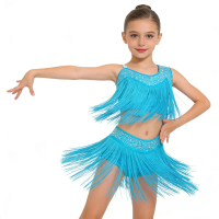 6-16Y Girls Latin Jazz Dance Cha-Cha Rumba Samba Tango Salsa Performance Dress Shiny Rhinestones Cutout Tassel Leotard Dresses