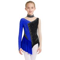 Kids Girls Figure Skating Dress Long Sleeve Rhinestone Sheer Mesh Gymnastics Bodysuit Lyrical Dance Ballet Acrobatics Leotard