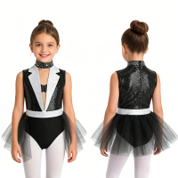 6-16Y Girls Ballet Dance Dress Jazz Dance Bodysuit Shiny Sequin Rhinestone Mesh Gymnastics Skating Leotard Tutu for School Party