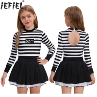 Children Girls Halloween Prisoner Cosplay Dress Jailbird Convict Criminal Role Play Costume Long Sleeve Striped Leotard Tutu