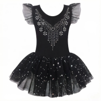 1Pc Black Sequin Diamond Girls Dance Costume, tulle ballet leotard, slim tutu dress for summer stage performances