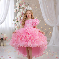 KLFLGD Girls party dresses pink puff sleeves embroidered tail cake princess elegant gorgeous catwalk dress flower girl costume