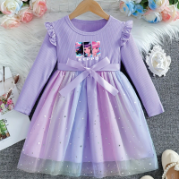 Trendy Girls Anime KPOP Cartoon Print Ruffle Long Sleeve Glitter Tulle Princess Dress Kids Birthday Party Daily Casual Outfit