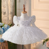 Luxury girl dresses Flower Wedding Flow Su Seebon imitation feather high -end banquet dress white princess skirt year -old photo