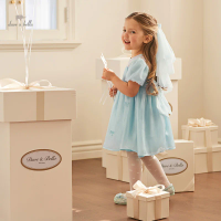 Dave Bella Girls Princess Dress 2024 New Summer Children's Baby Short Sleeves Blue Mesh Sweet Charm Classy Noble Party DB2240418