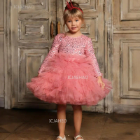 Baby Girl One-Piece Dress Party Children Christmas Sequin Long Sleeve Tulle Kids Holiday Formal Gown Birthday Pageant Flower