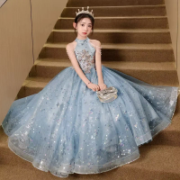 2025 Blue Girls' Dress Summer Light Luxury Niche High-end Princess Matching Performance Clothes Children's Host Piano