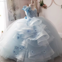 Light Blue Kids Girls Long Princess Party Dress Sweet Evening Banquet Pageant Formal Celebration Gown for Host Piano Performance