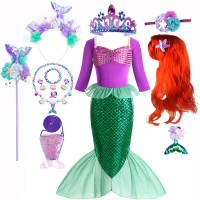 Disney Christmas Holiday Birthday Party Mermaid Princess Same Style Girl Ariel Cosplay Long Sleeve Mermaid Dress Accessory Suit