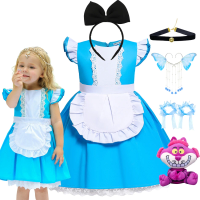Girl Alice Cosplay Costume Children Blue Cortton Maid Lolita Dress Movie Wonderland Character Costume Halloween Disguise Clothes
