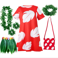 Girls Role Play Cartoon Heroine Dress Hawaii Children Red Frock Featured with White Feather Print Ohana Spirit Ployester Gown
