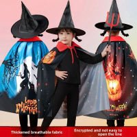 Halloween Kids Cloak Costume Set Witch Wizard Cape with 3D Print and Hat for Dress Up Party Performance