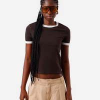 Blusa baby look feminina de algodão básica bicolor marrom