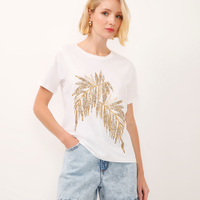 Camiseta de algodão manga curta folhagem metalizada off white