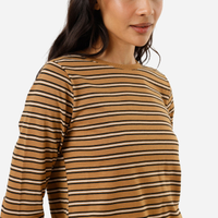 Camiseta feminina com algodão manga longa listrada marrom