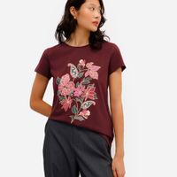 Camiseta feminina de algodão floral vinho