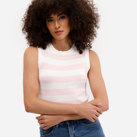 Cropped feminino de tricot canelado e listrado rosa
