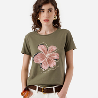 Camiseta feminina de algodão floral verde