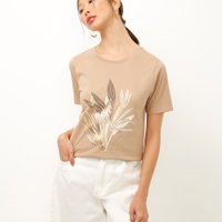 Camiseta de algodão folhagens metalizada bege