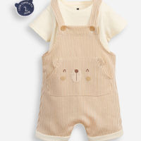 Jardineira infantil listrado de urso com blusa bege