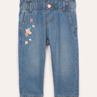 Calça jeans infantil bordado de flores azul claro