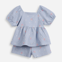Conjunto curto infantil de algodão floral texturizado azul
