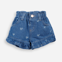 Short clochard infantil jeans corações com recorte azul