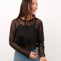 Blusa de tule infantil manga longa com brilho preta