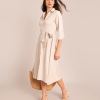 Vestido chemise midi com linho e faixa para amarrar manga longa bege