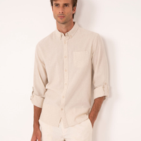 Camisa comfort com linho manga longa bege