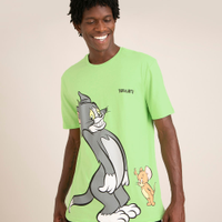 Camiseta de algodão tom e jerry manga curta gola careca verde