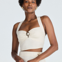 Cropped feminino decote coração com aviamento bege