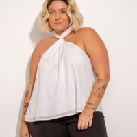 Blusa frente única plus size texturizada de poá com nó mindset branca