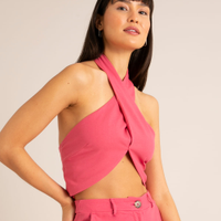 Blusa cropped com linho frente única pink