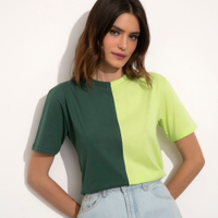 Camiseta de algodão bicolor manga curta decote redondo mindset verde escuro
