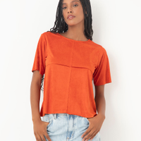 Blusa em suede manga curta com recortes marrom - terracota