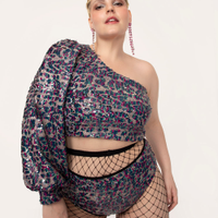 Blusa cropped paetê manga única bufante ohlograma multicor