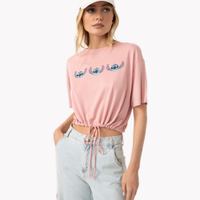 Blusa de viscose amarração manga curta stitch rosa