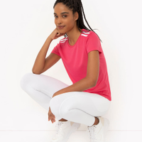 Camiseta feminina esportiva manga curta com listras rosa
